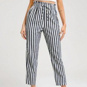 Paperbag Waist Tie Front Striped Cropped Pants